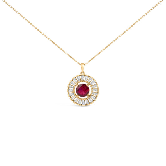 14K Yellow Gold Plated Sterling Silver Lab Grown Ruby and Diamond Medallion Pendant Necklace