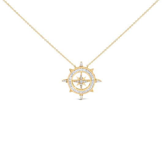 14K Yellow Gold Plated Sterling Silver 1.0 Cttw Diamond Compass Pendant Necklace