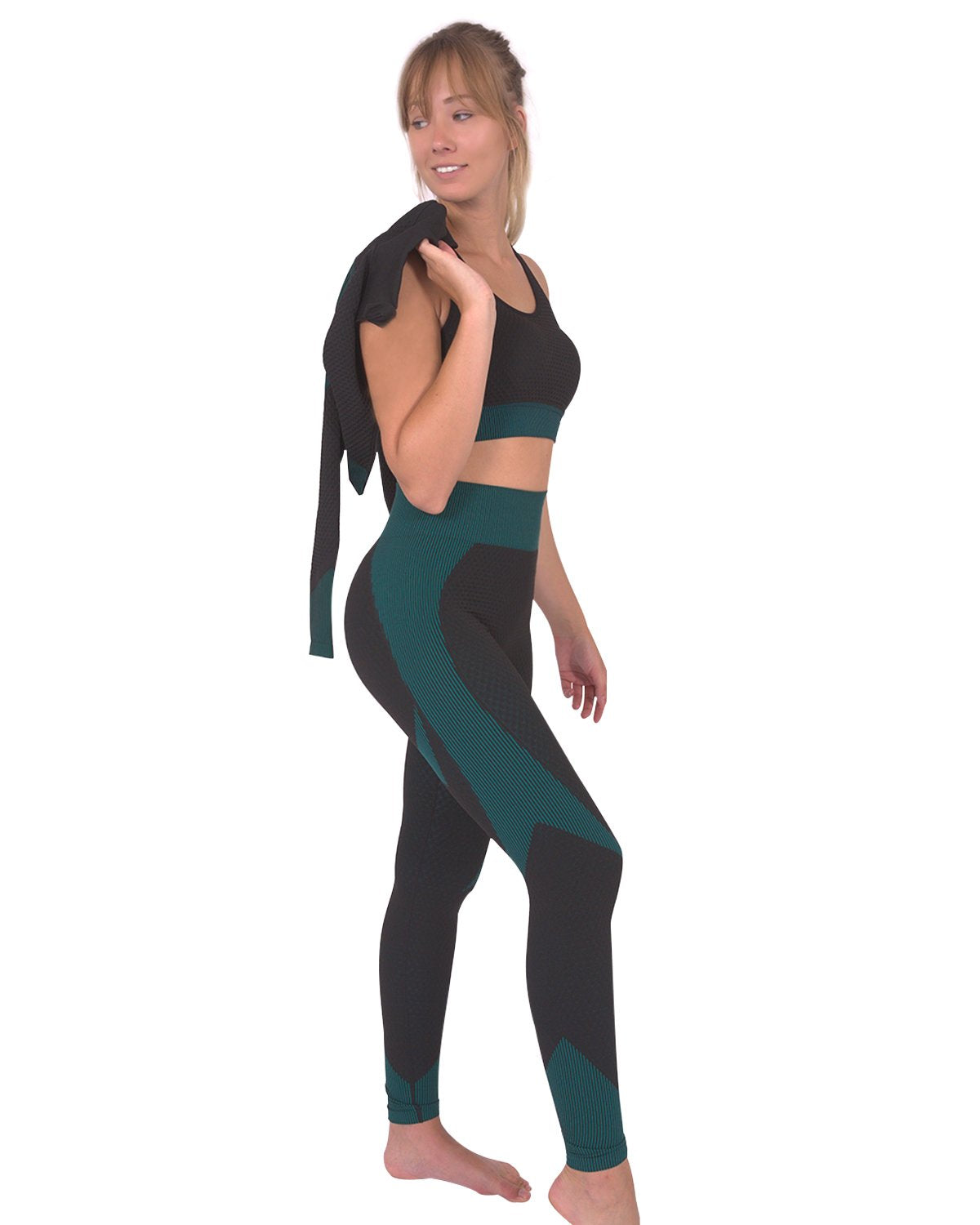 Trois Seamless Jacket, Leggings & Sports Top 3 Set - Black With Teal Blue