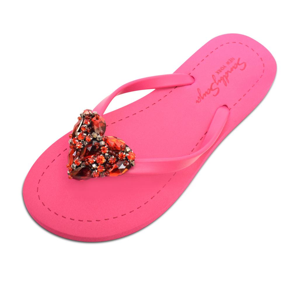 Red Heart - Rhinestone Flip Flops Flat Sandals