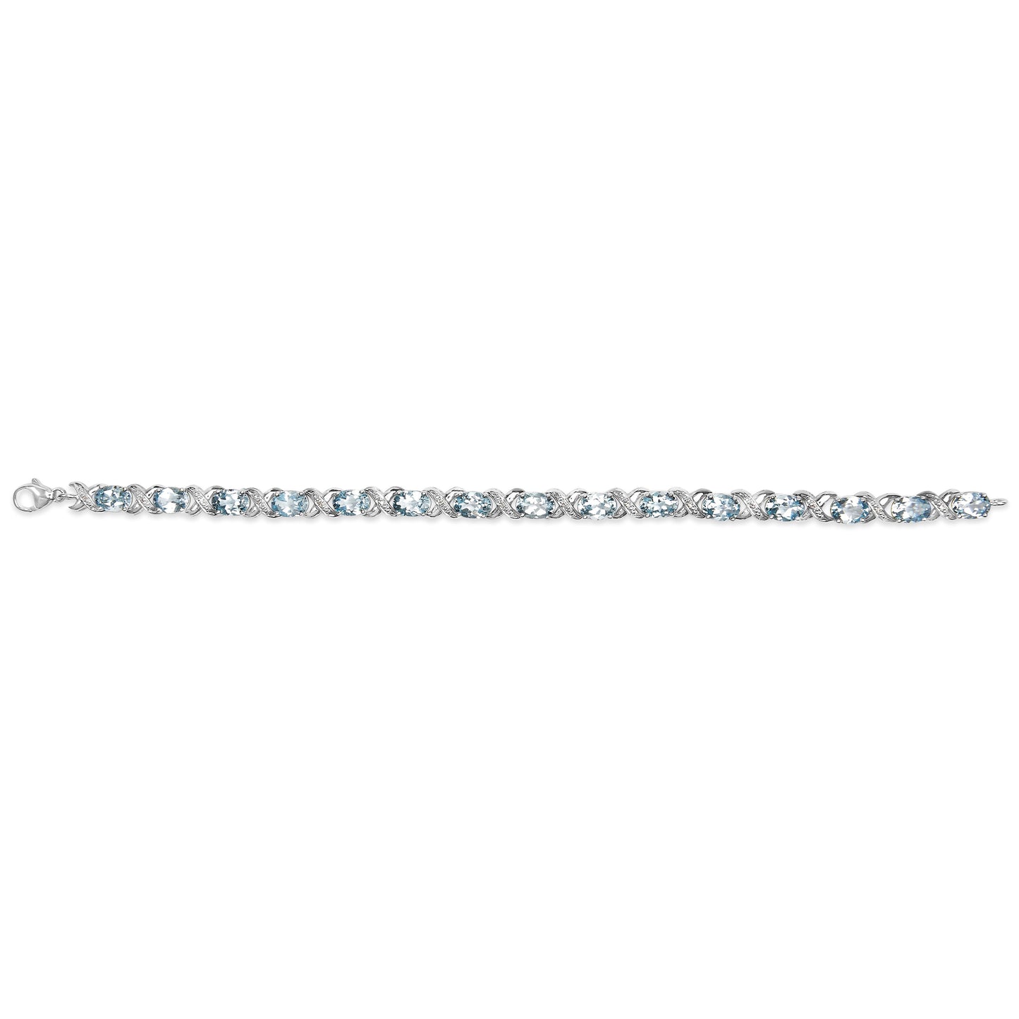 .925 Sterling Silver 16.0 Cttw Oval Blue Topaz and Diamond Accent Tennis X Link Bracelet (I-J Color, I1-I2 Clarity) - Size 7" Inch