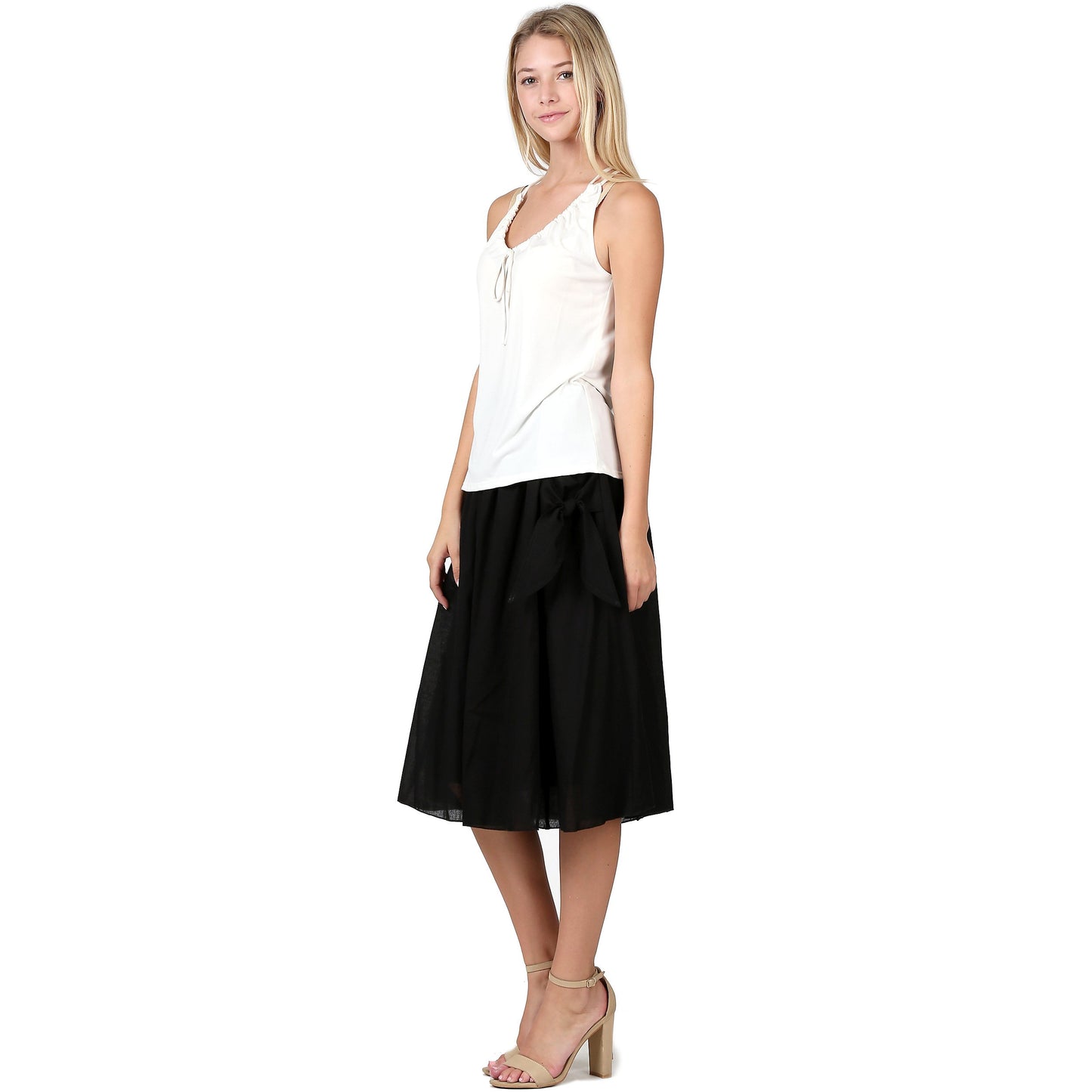 Evanese Women's Cotton Knee Length a Line Skirt With Front Pockets With Ribbon (v. Black)