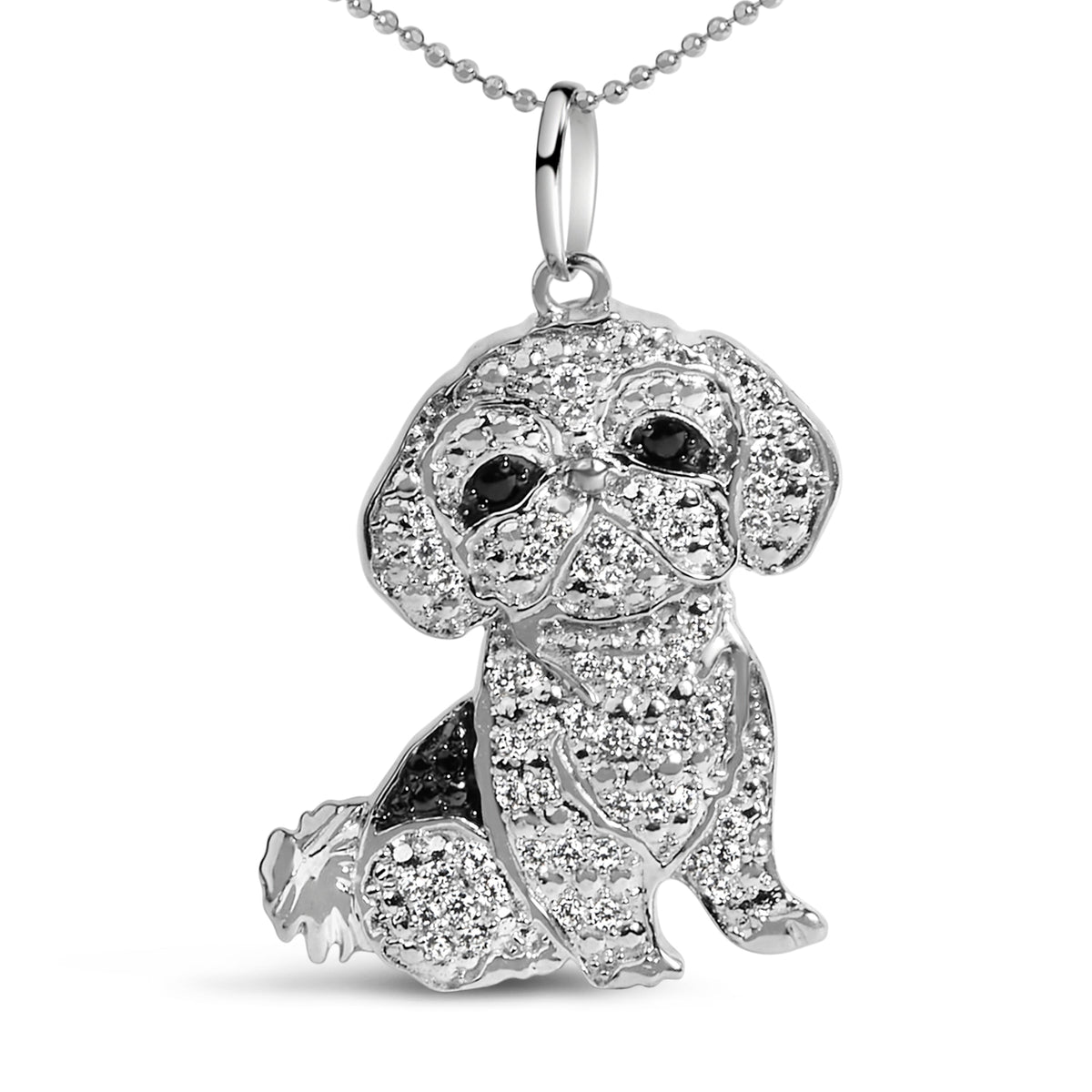 .925 Sterling Silver 1/2 Cttw White and Black Diamond Shih Tzu Dog 18" Pendant Necklace (I-J Color, I2-I3 Clarity)
