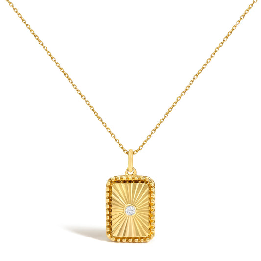 14K Yellow Gold Diamond Accent Rectangular Fluted Medallion Pendant Necklace