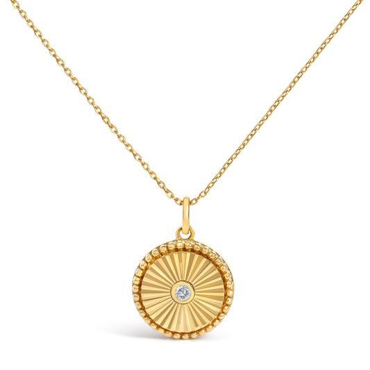 14K Yellow Gold Diamond Accent Circle Fluted Medallion Pendant Necklace