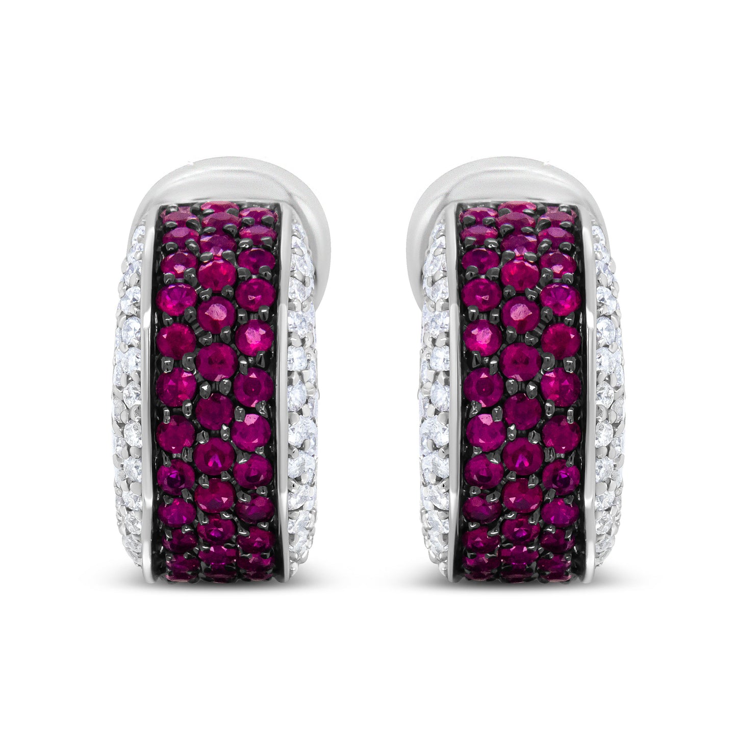 18K White Gold and Black Rhodium Plated 3/4 Cttw Round Diamonds and 1mm Round Red Ruby Huggie Hoop Earrings (F-G Color, VS1-VS2 Clarity)