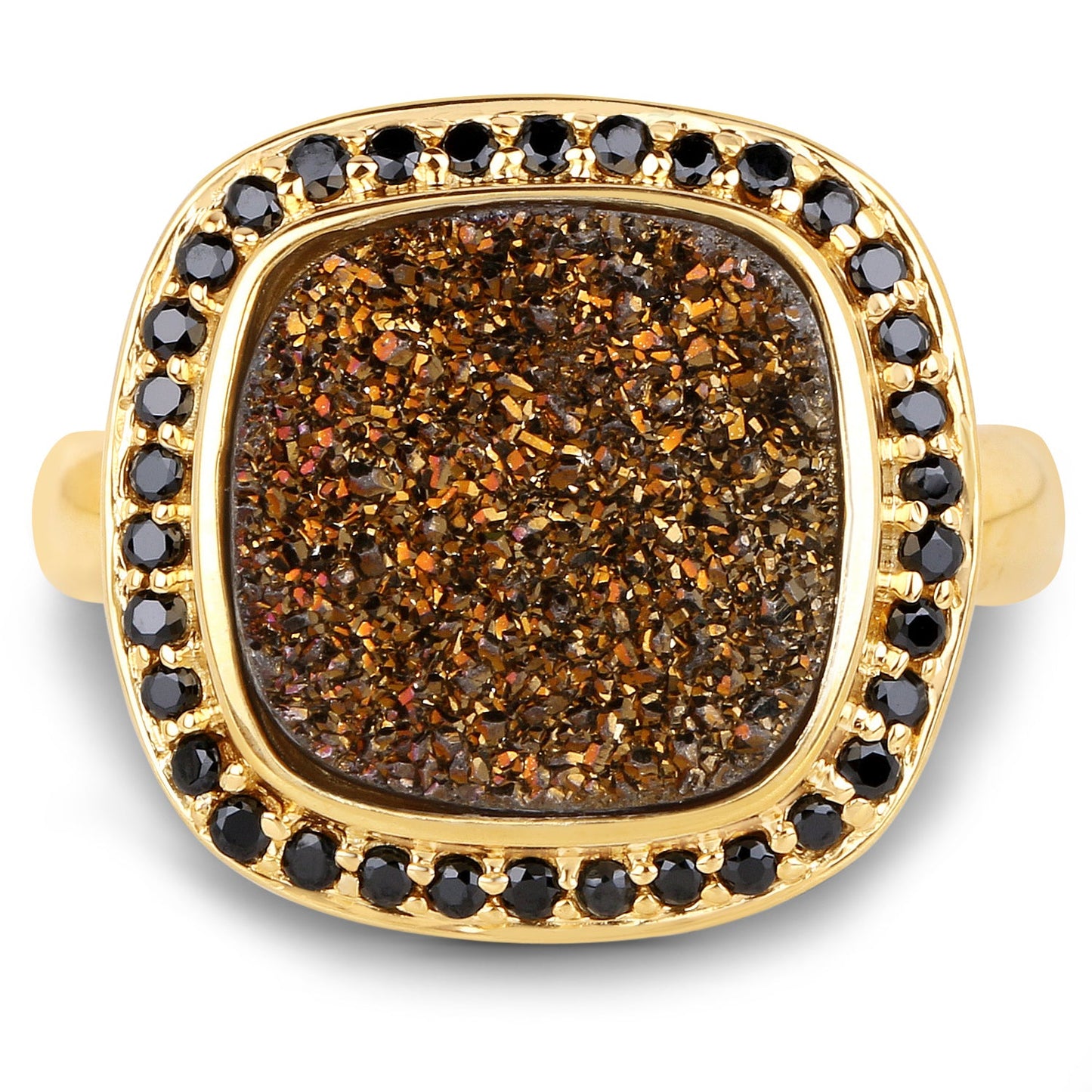 14K Yellow Gold Plated 6.19 Carat Genuine Drusy Quartz and Black Spinel .925 Sterling Silver Ring
