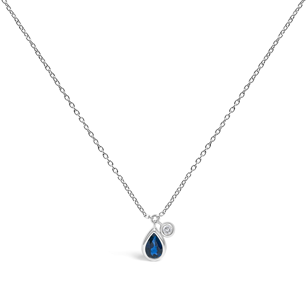 14K White Gold 6x4mm Pear Blue Sapphire and Diamond Accent Charm Pendant Necklace - 18" Inches