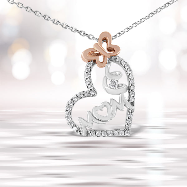 Two Tone .925 Sterling Silver 1/5 cttw Diamond "Mom" and Heart Pendant Necklace (H-I, I1-I2)