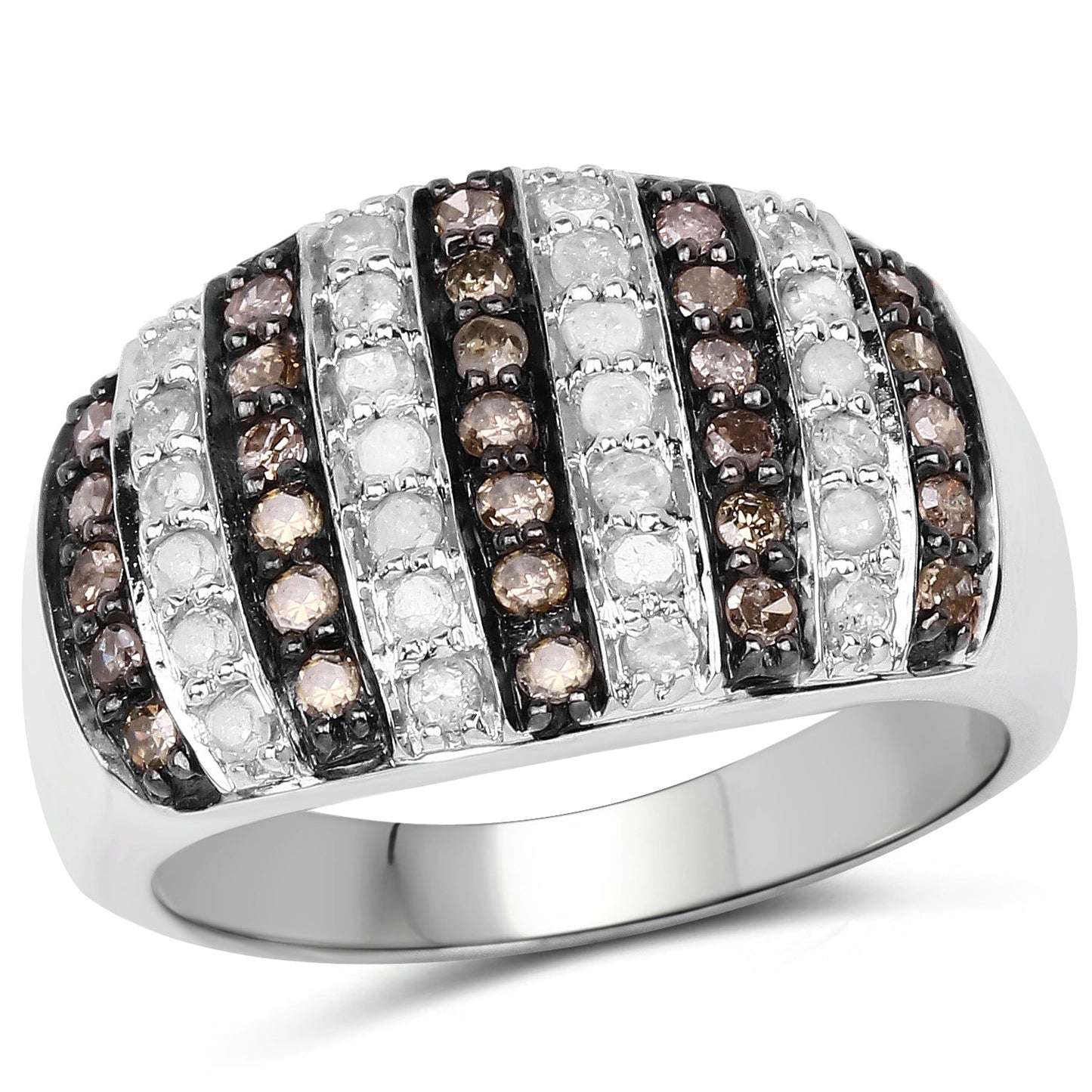 0.83 Carat Genuine Champagne Diamond and White Diamond .925 Sterling Silver Ring