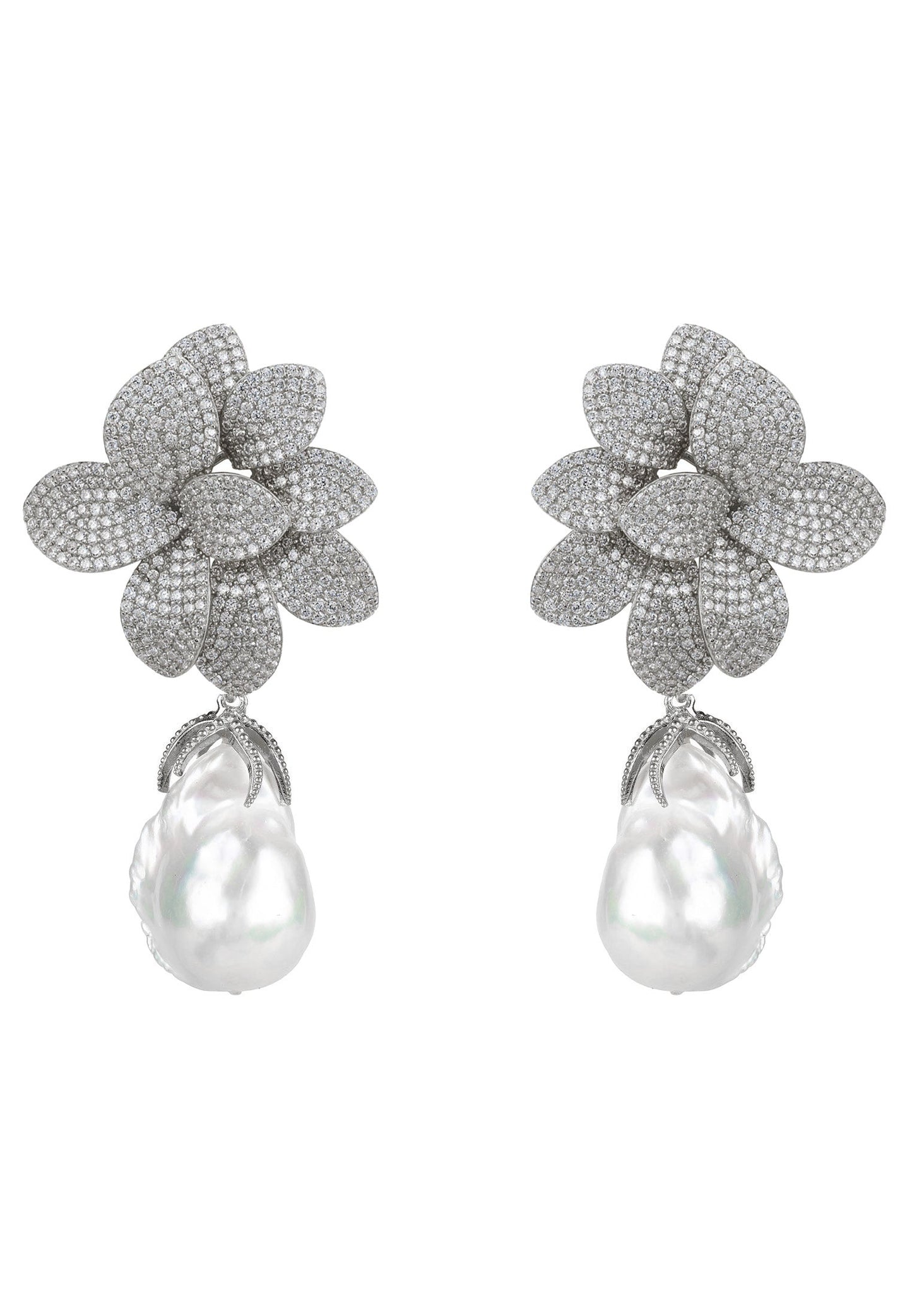 Amaryllis Flower Baroque Pearl Drop Earrings White Silver