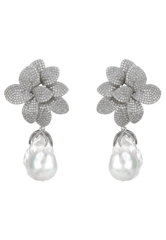 Amaryllis Flower Baroque Pearl Drop Earrings White Silver