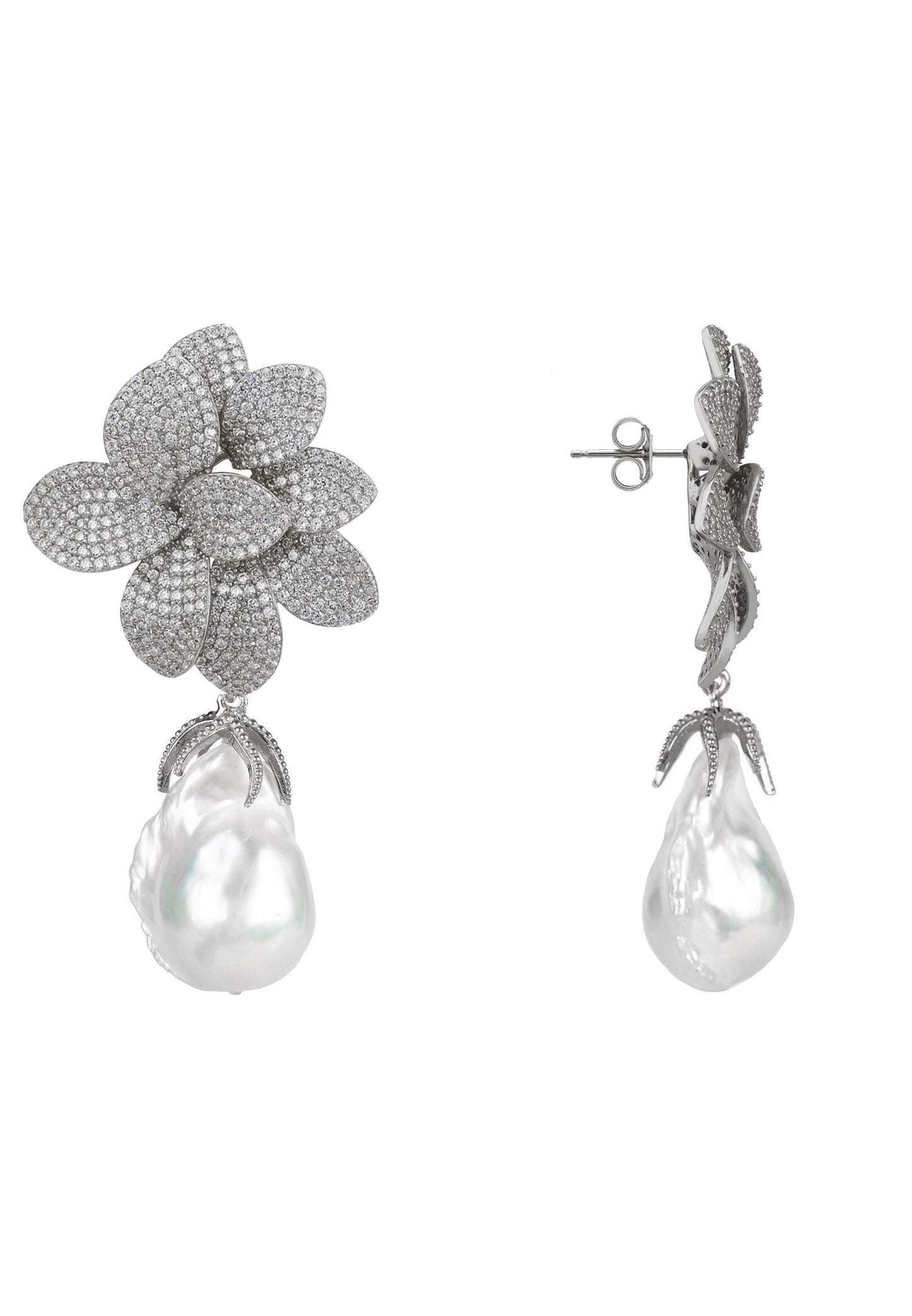 Amaryllis Flower Baroque Pearl Drop Earrings White Silver