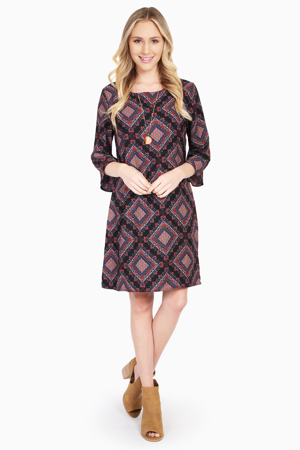 3/4 Sleeve Diamond Print Shift Dress
