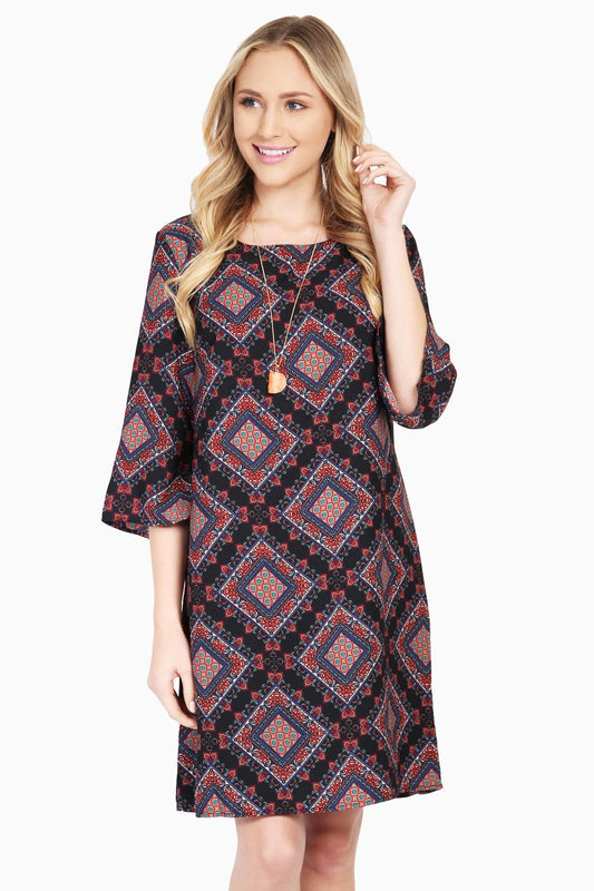 3/4 Sleeve Diamond Print Shift Dress