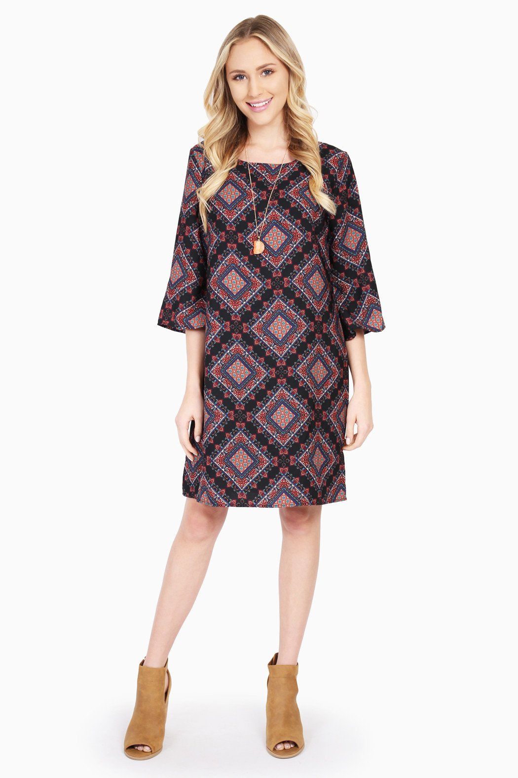 3/4 Sleeve Diamond Print Shift Dress