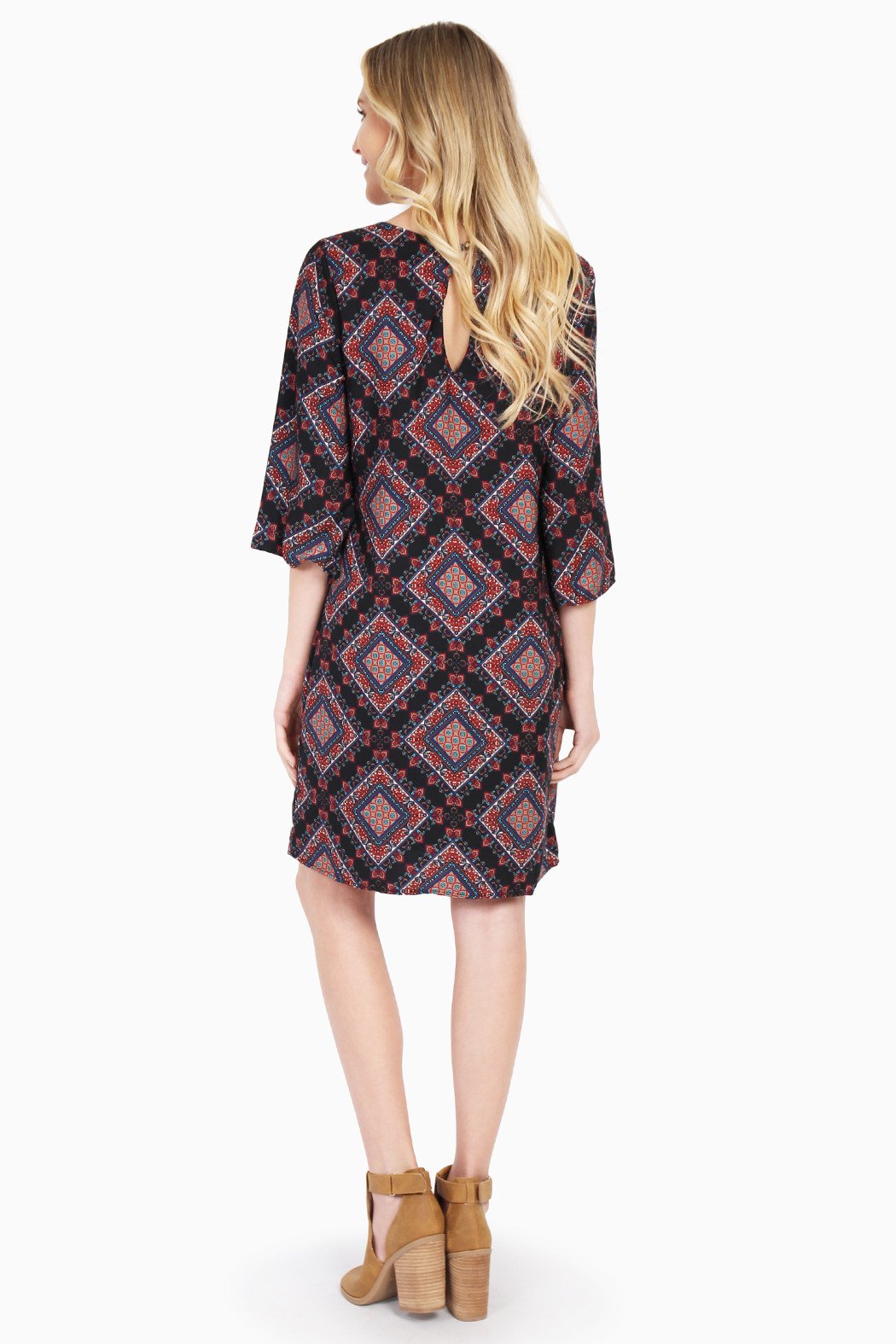 3/4 Sleeve Diamond Print Shift Dress
