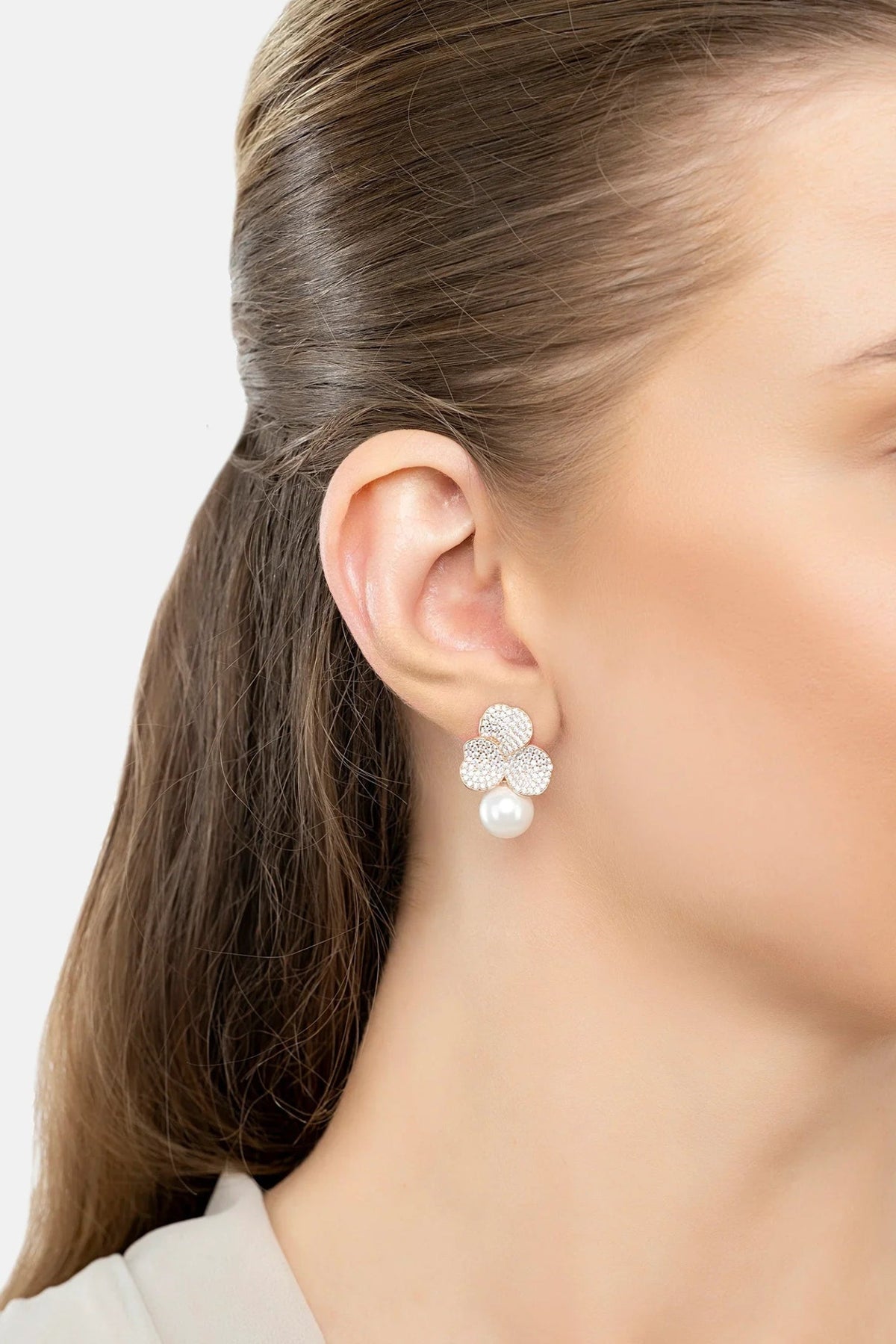 Iris Flower and Pearl Dangle Earrings Rosegold