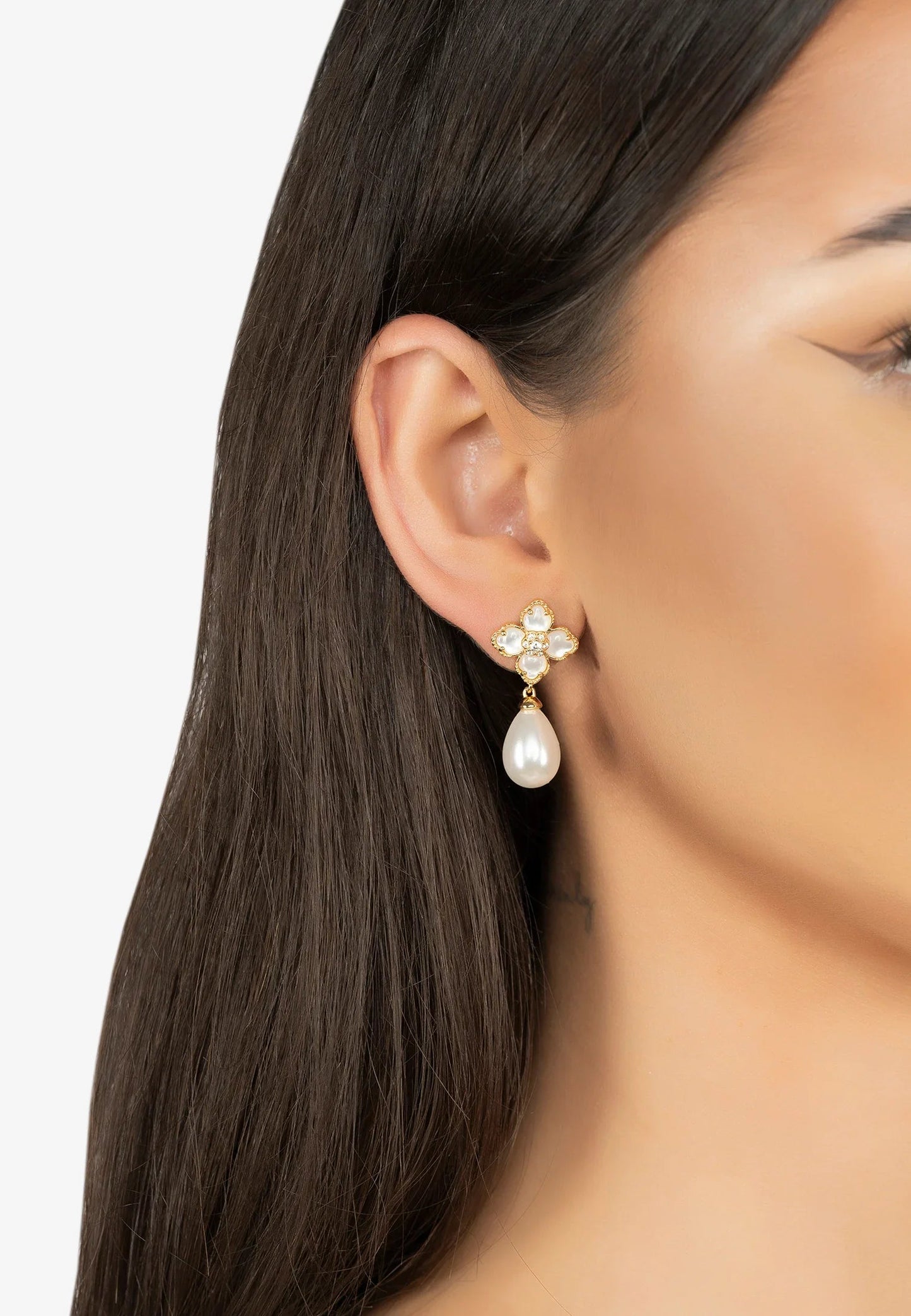 Flower Clover Pearl Drop Earrings Mother of Pearl Gold