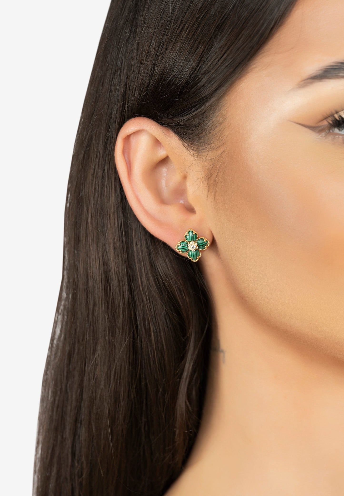 Flower Clover Malachite Stud Earrings Gold