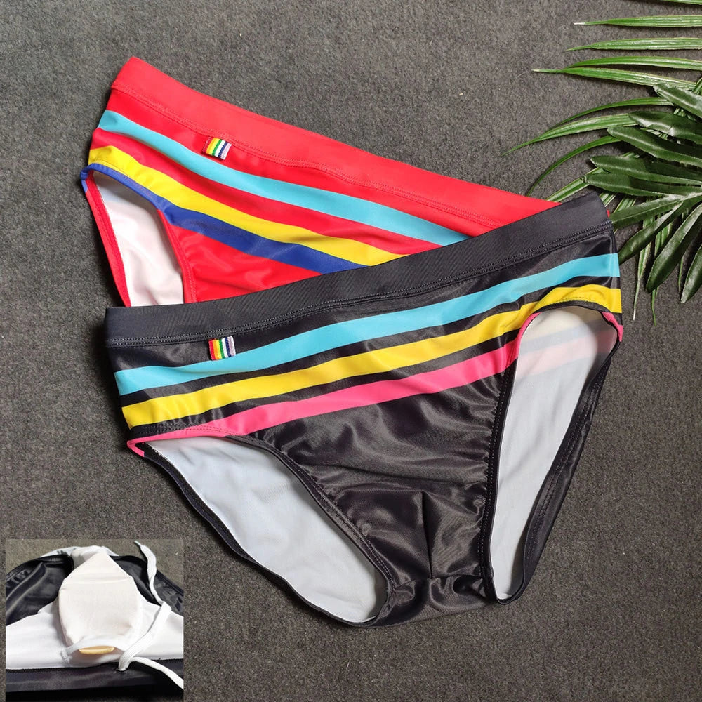Men's Rainbow Stripes Push Up Pad Bikini Swimwear