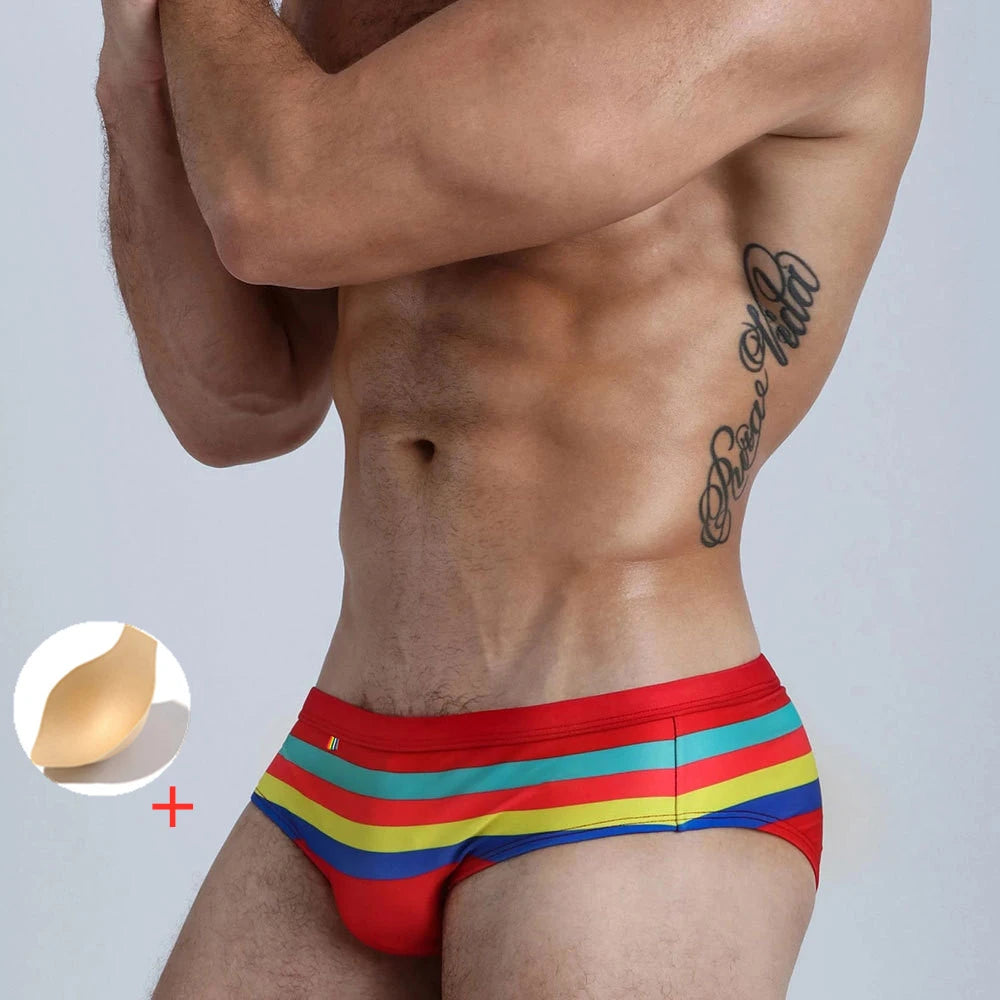 Men's Rainbow Stripes Push Up Pad Bikini Swimwear