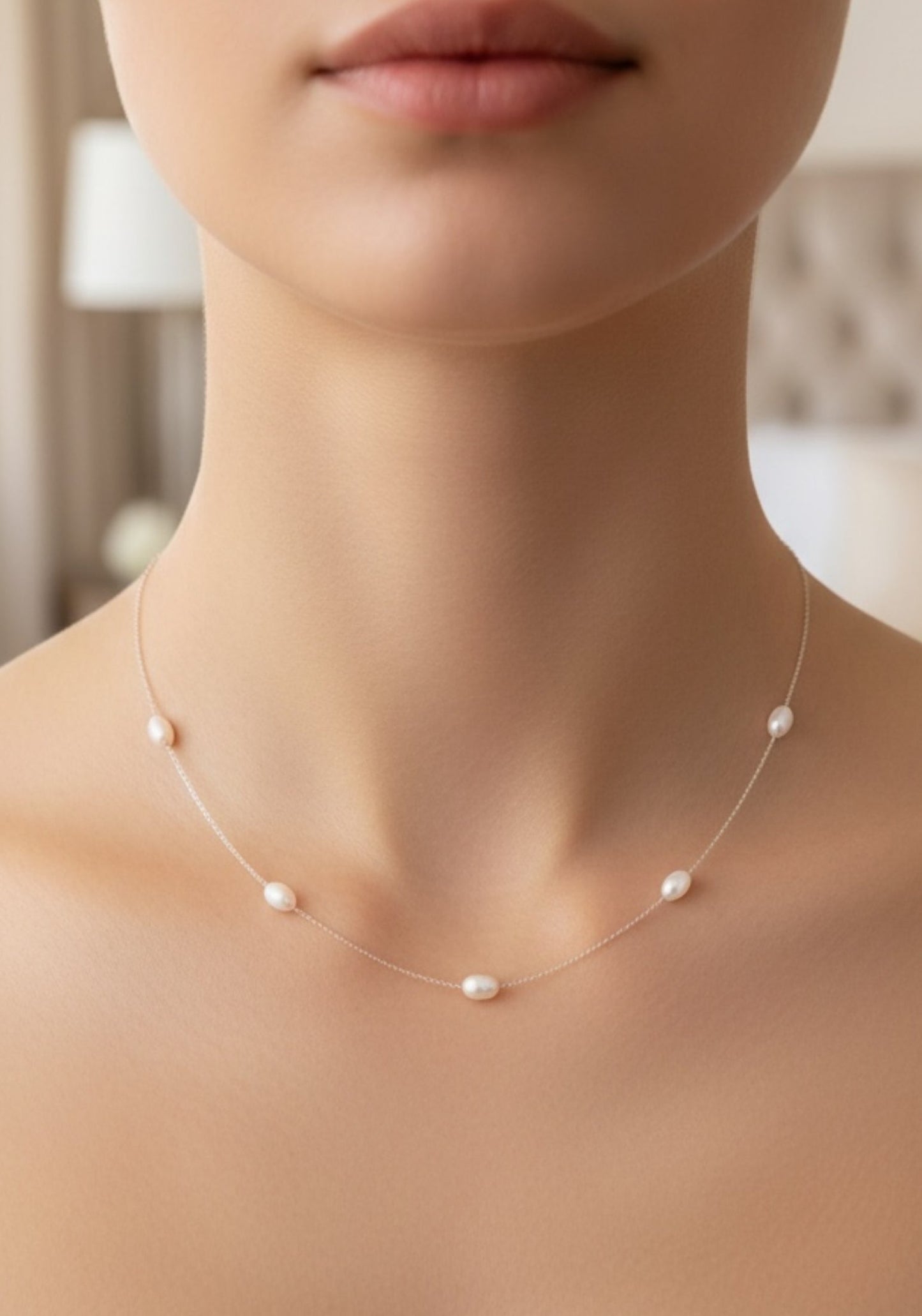 Solid 14k White Gold Natural Spaced Pearl Necklace