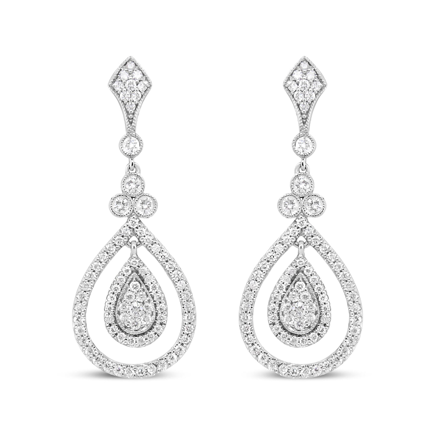 18K White Gold 1 1/4 Cttw Round Diamond Openwork Teardrop-Shaped Dangle Earrings (F-G Color, VS1-VS2 Clarity)