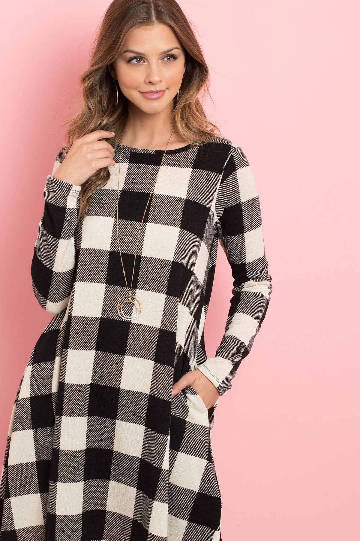 Long Sleeves Plaid Midi Dress