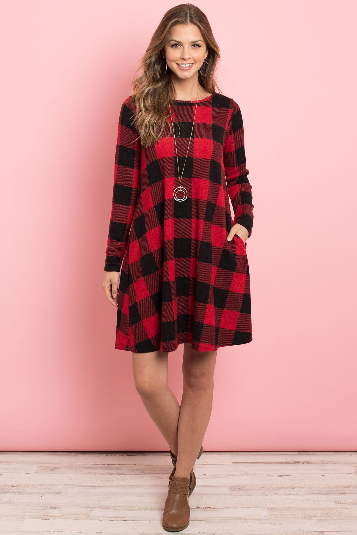 Long Sleeves Plaid Midi Dress