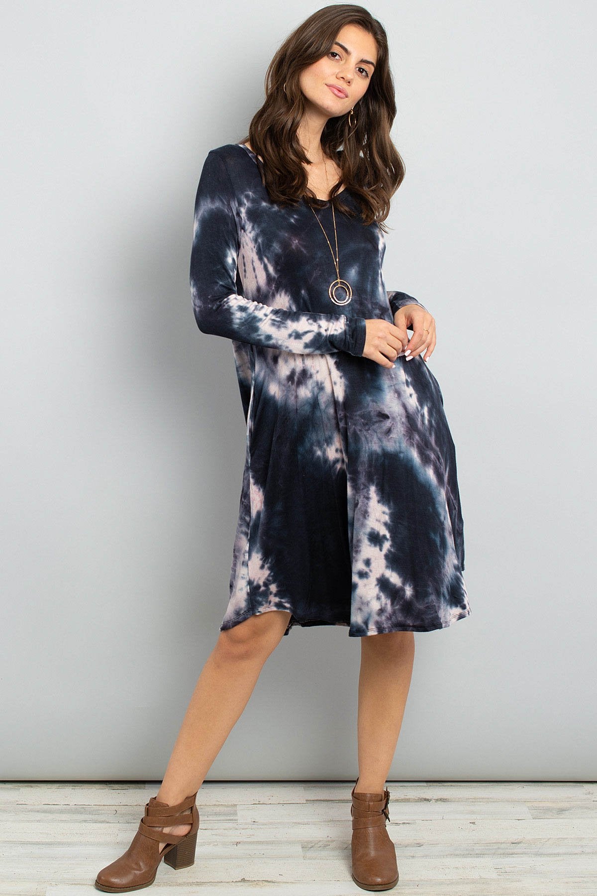 Tie Dye V-Neck Rounded Hem Midi Dress  Laguna Clothing Company