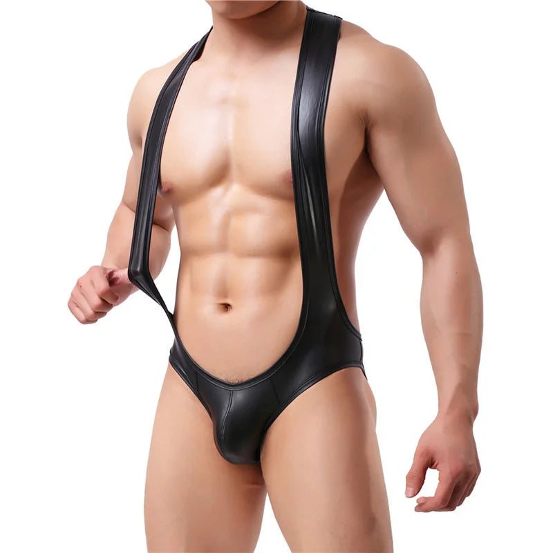 Men's One-Piece PU Leather Bodysuit Underwear