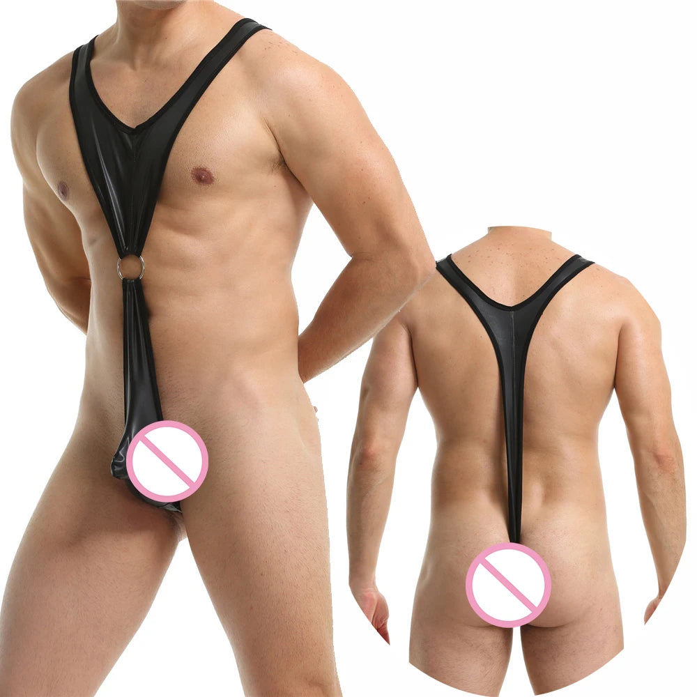 Men's One-Piece PU Leather Bodysuit Underwear