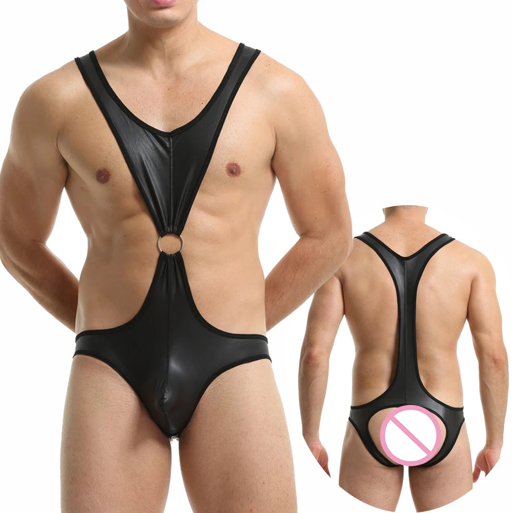 Men's One-Piece PU Leather Bodysuit Underwear