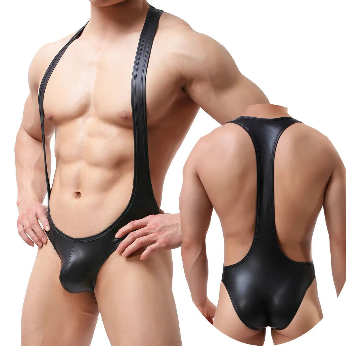 Men's One-Piece PU Leather Bodysuit Underwear