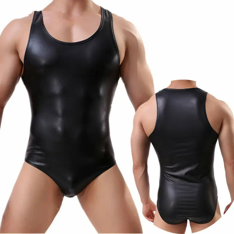 Men's One-Piece PU Leather Bodysuit Underwear