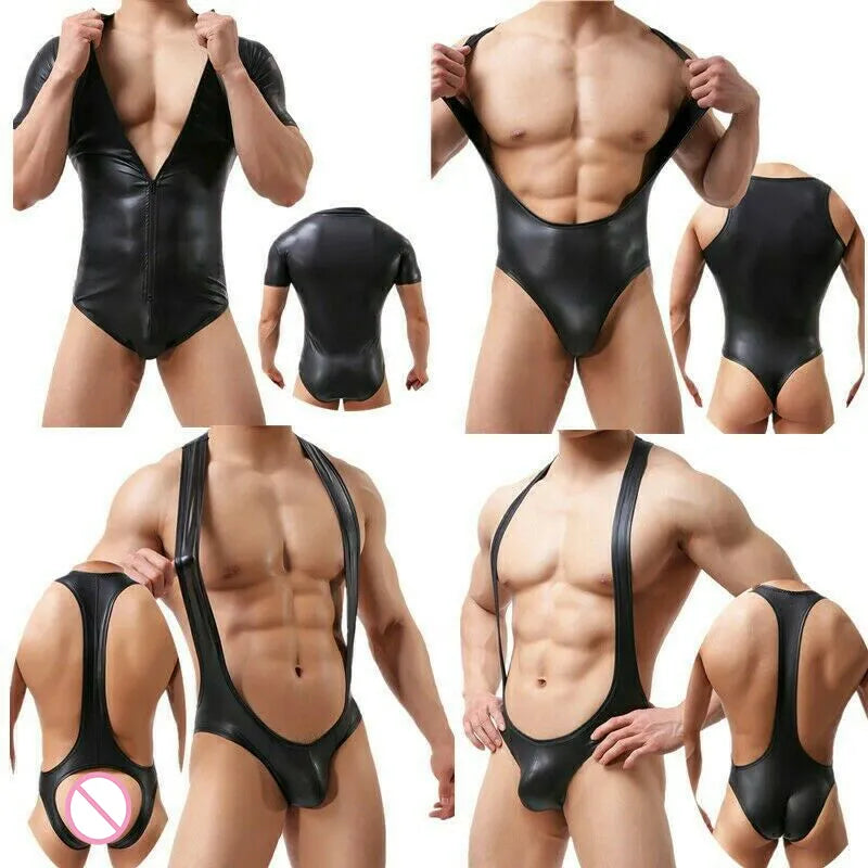 Men's One-Piece PU Leather Bodysuit Underwear