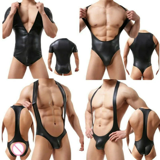 Men's One-Piece PU Leather Bodysuit Underwear
