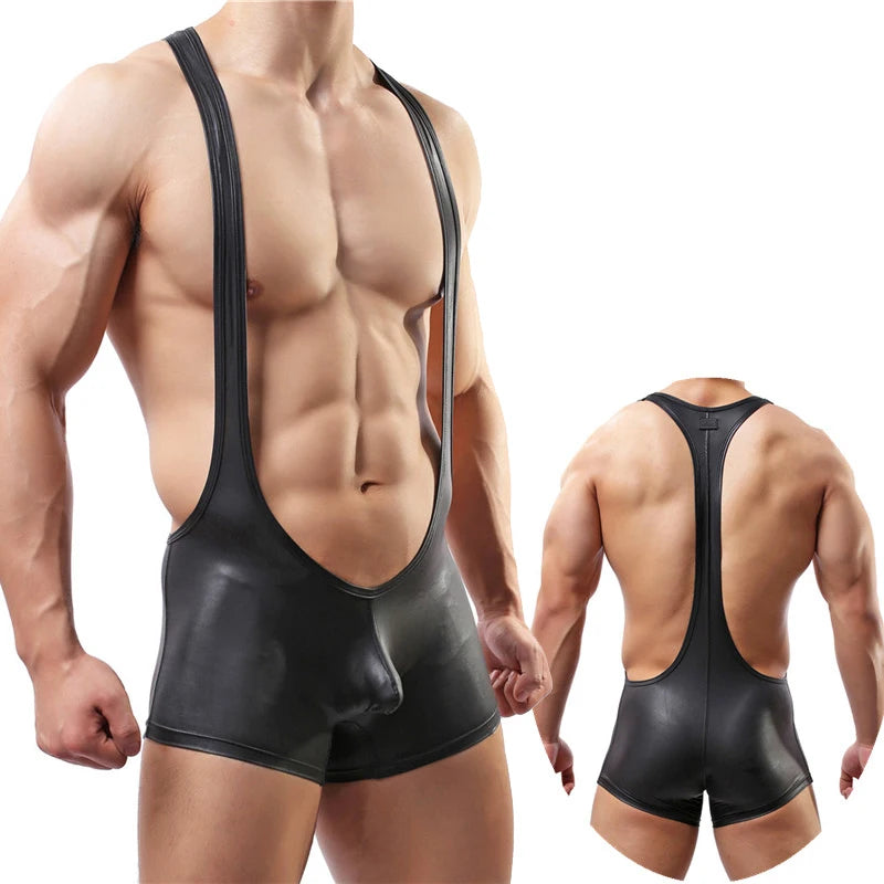 Men's One-Piece PU Leather Bodysuit Underwear