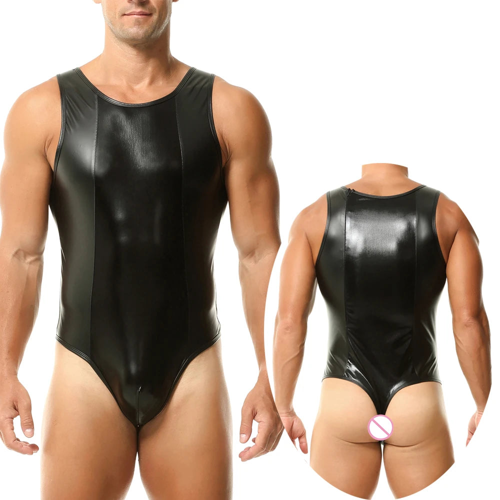 Men's One-Piece PU Leather Bodysuit Underwear
