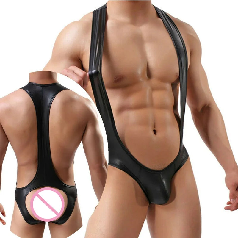 Men's One-Piece PU Leather Bodysuit Underwear