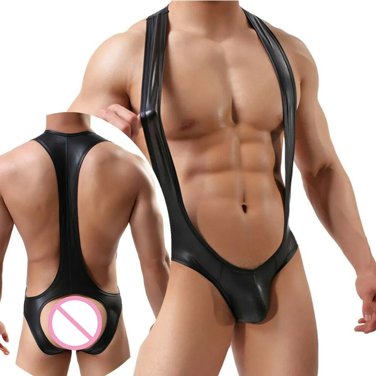 Men's One-Piece PU Leather Bodysuit Underwear