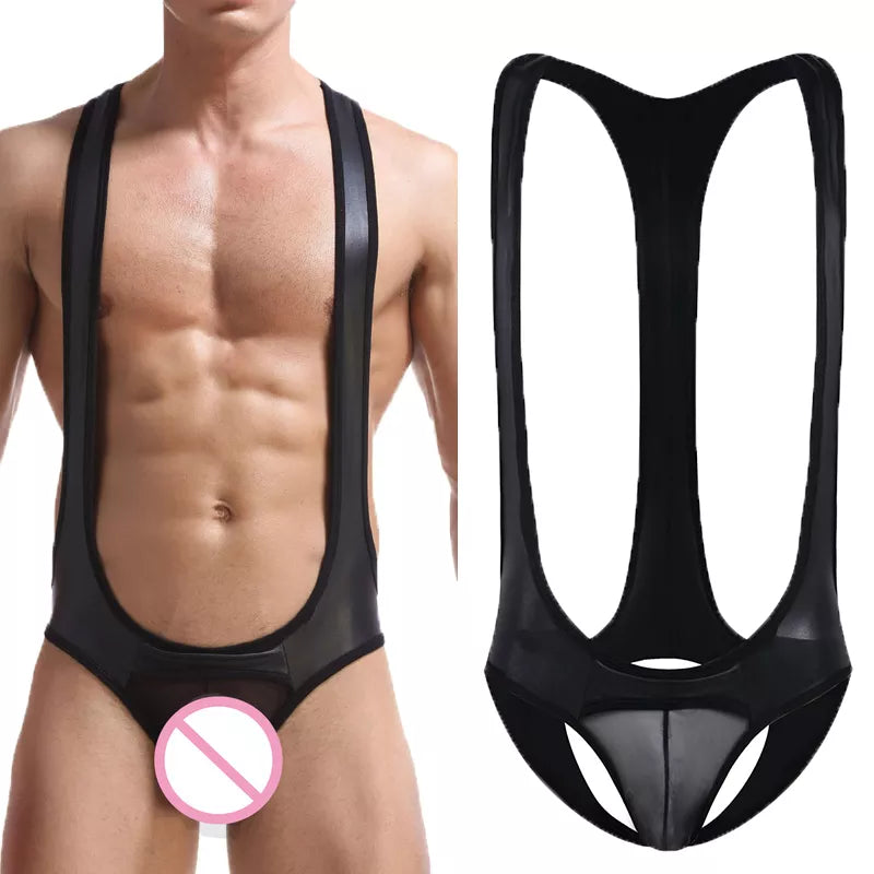 Men's Jockstrap Mesh Open Crotch PU Leather Jumpsuit Underwear
