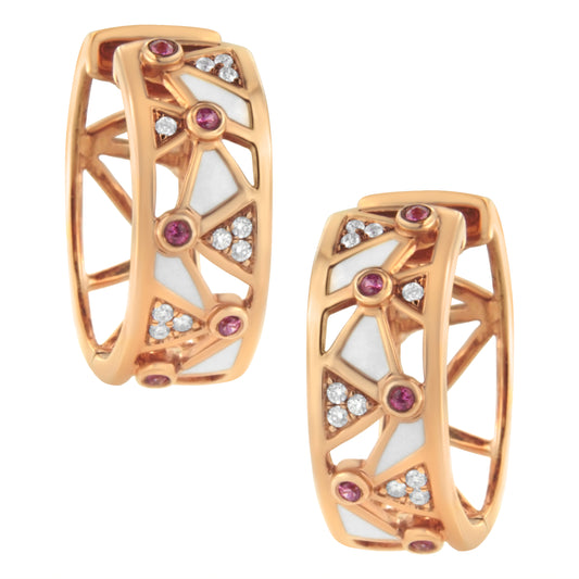 14K Rose Gold 1/6 Cttw Diamond and Pink Tourmaline White Enamel Geometric Hoop Earrings