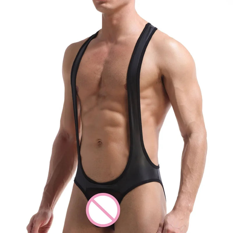 Men's Jockstrap Mesh Open Crotch PU Leather Jumpsuit Underwear