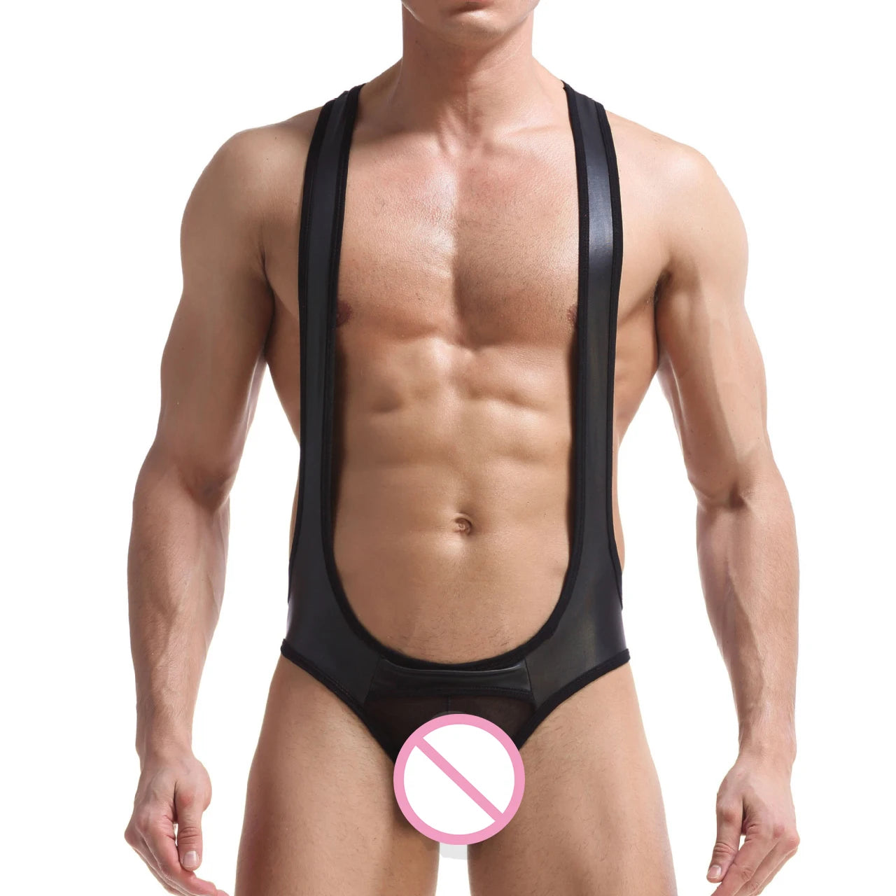 Men's Jockstrap Mesh Open Crotch PU Leather Jumpsuit Underwear