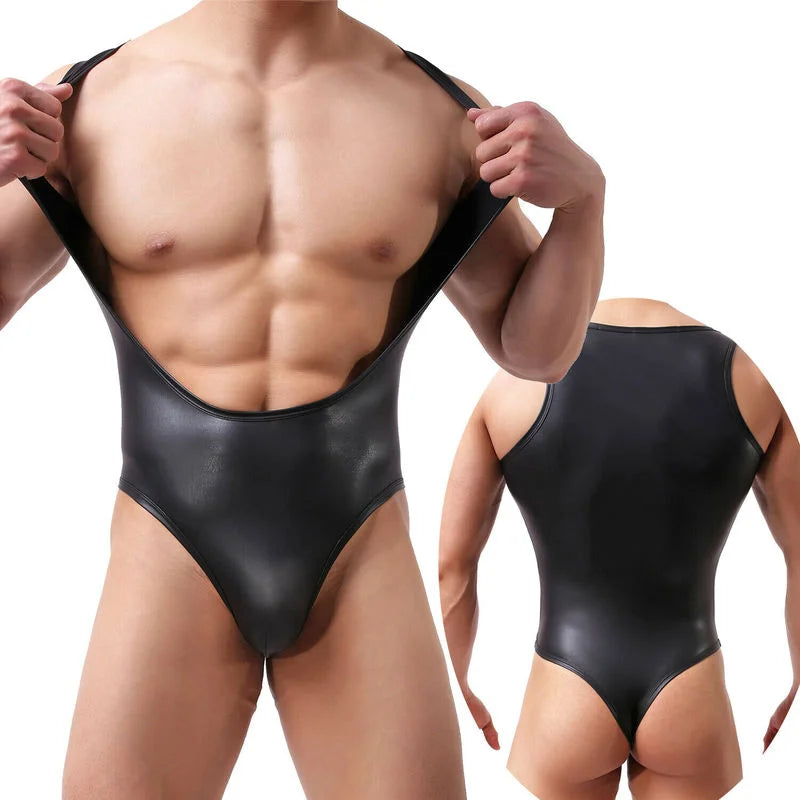 Men's One-Piece PU Leather Bodysuit Underwear