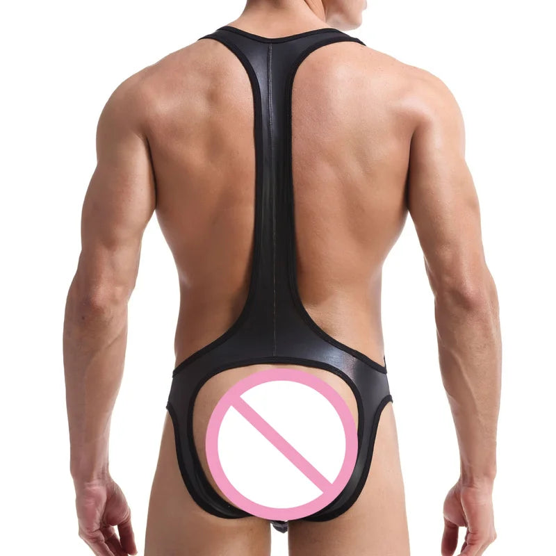 Men's Jockstrap Mesh Open Crotch PU Leather Jumpsuit Underwear