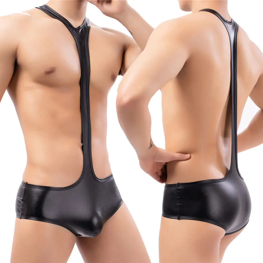 Men's One-Piece PU Leather Bodysuit Underwear