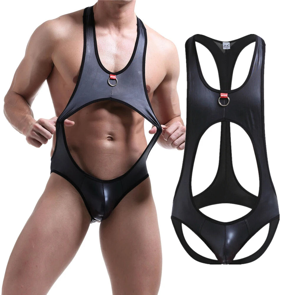 Men's One-Piece PU Leather Bodysuit Underwear